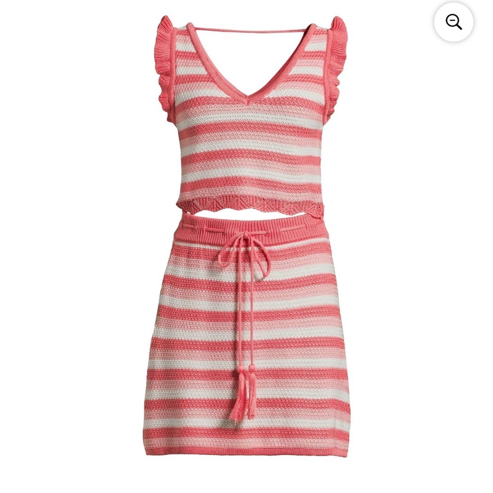 Striped Pink & White Knit Crochet Crop Top & Drawstring Skirt Set small Boho